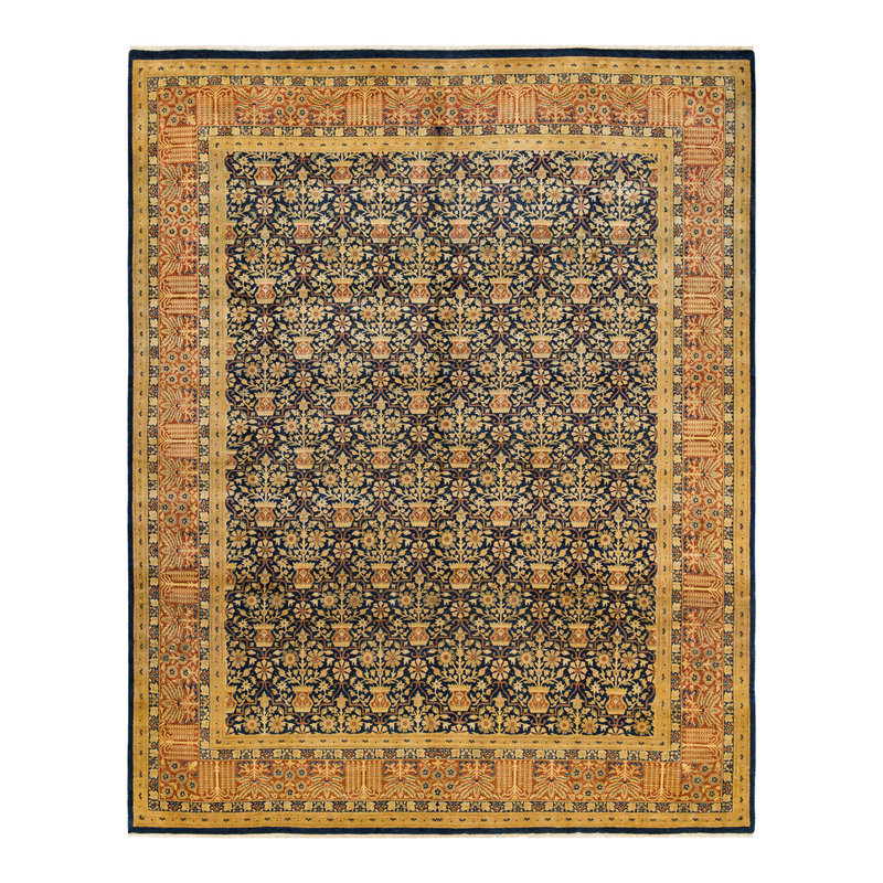 Tapis unique en laine noué à la main bleu marine / jaune / orange 9 pi 3 po x 11 pi 5 po Keenan
