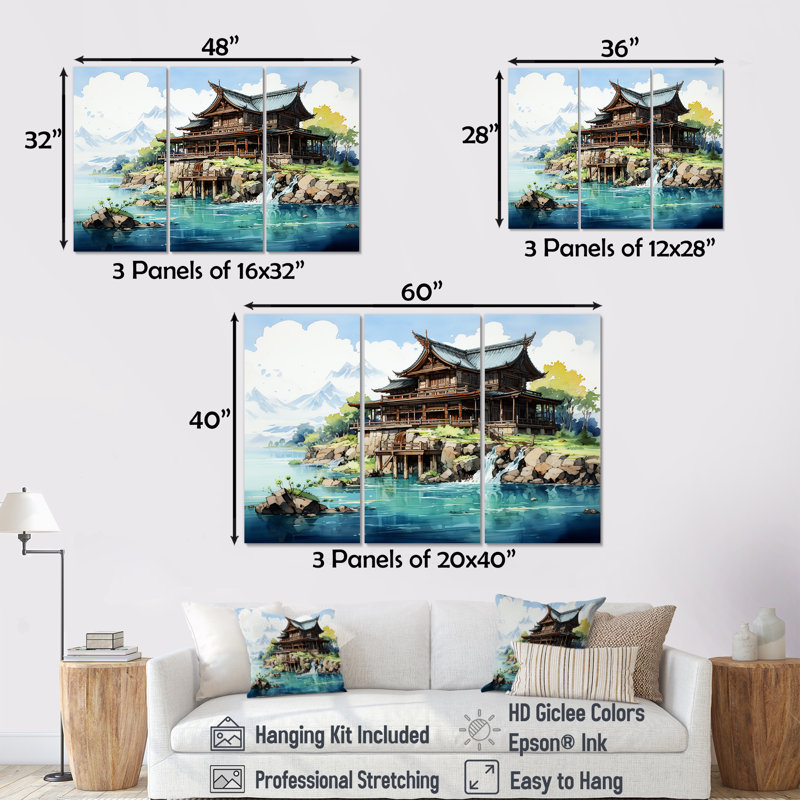 Ensemble de salon art mural chinois, maison chinoise sur un rivage bleu, Toile tendue, H 40 po x l 60 po x P 1 po
