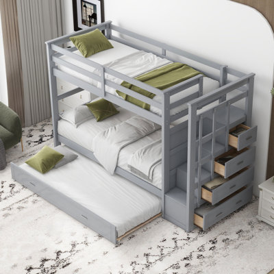 Twin Over Twin Bunk Bed With Trundle And Staircase,Gray