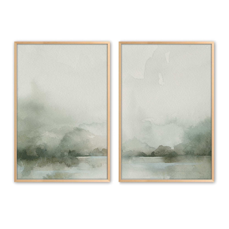 Muted Green Tranquillity Set of 2 Prints, 16" x 12", Raw Maple Framed, 37.5" H x 49.5" W x 1.25" D