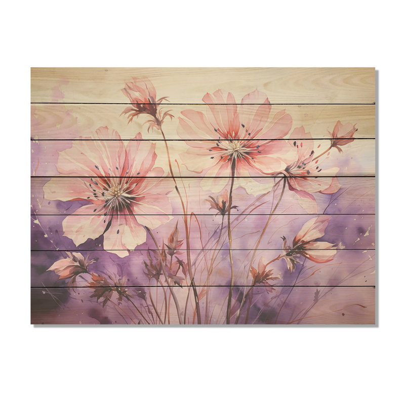 «Poppy Meadows» mauve et rose I - coquelicots sur bois, H 24 po x l 32 po x P 0,78 po