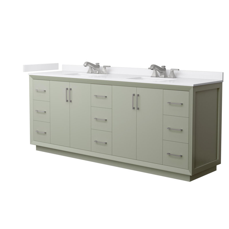 Strada 84" Freestanding Double Bathroom Vanity with Cultured Marble Top, Brushed Nickel, Green