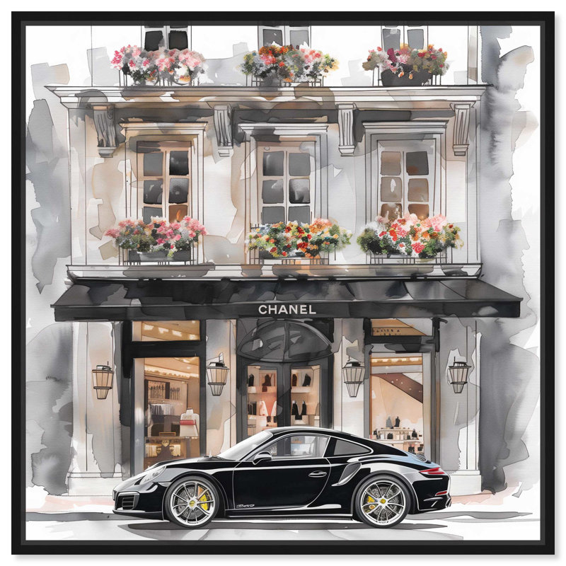Fancy Car Storefront Canvas Fashion Illustration by Art Remedy, 41" H x 41" W x 1.8" D, Black Floater Framed