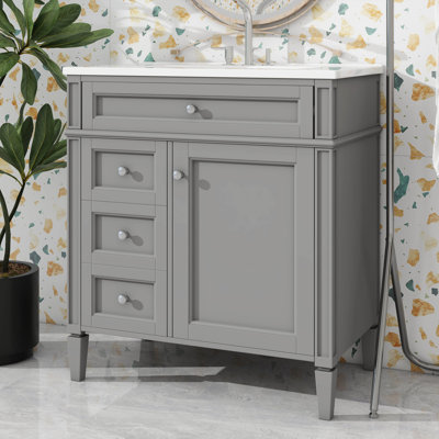 Meuble-lavabo 30 po avec lavabo en céramique, armoire de rangement autoportante moderne avec 1 porte, 2 tiroirs et tiroir basculant, structure en bois massif
