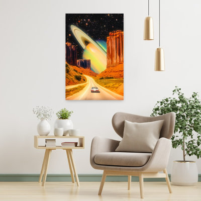Road Trip to the Rings of Infinity Retro Surreal Vintage Landscape Nature Wall Art Print 1 Piece Wrapped Canvas Wall Art