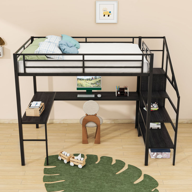 Lit mezzanine double avec garde-robe, escalier et bureau en L