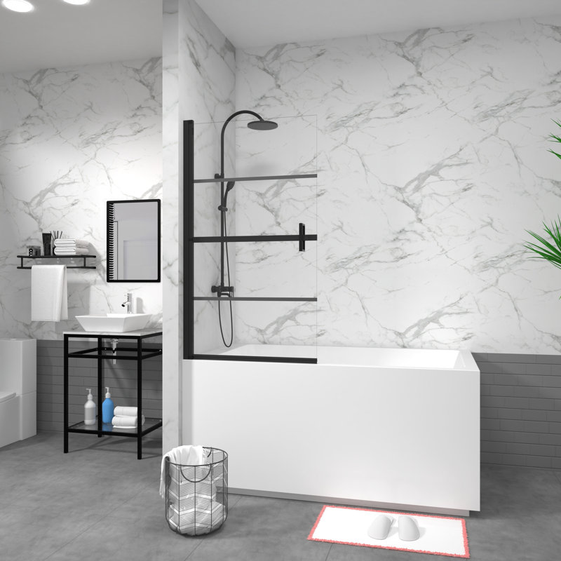 55"x31.5" 180° Pivot Shower Door, Black, Tempered Glass With Scratch- Coating 55"x31.5", Bright And Beautiful