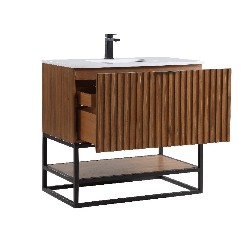 Terra 36'' W Single Vanity, Walnut, Matte Black, Calacatta Quartz/Widespread Faucet Mount