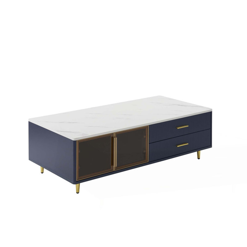 Rectangular Coffee Table with 2 Glass Door Storage, 4 Drawers, Gold Metal Legs, and Multi-Color Lighting in 47.2'', Navy Blue