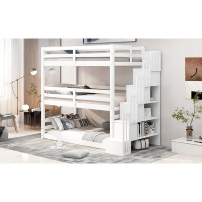 Twin Size Triple Bunk Bed With Storage Staircase - White & Separate Style Option Space