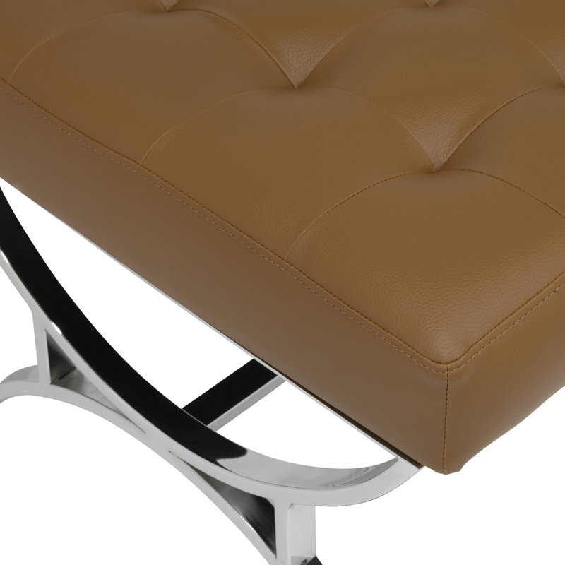 Alexuis Faux Leather Ottoman, Chrome/Caramel Brown Faux Leather