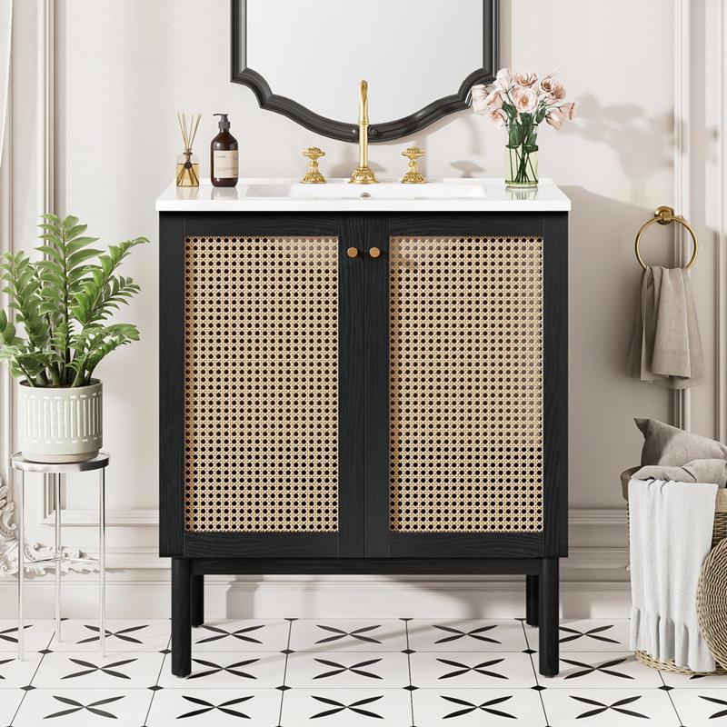 Meuble-lavabo en bambou avec portes en rotin faites à la main et mécanismes de fermeture en douceur