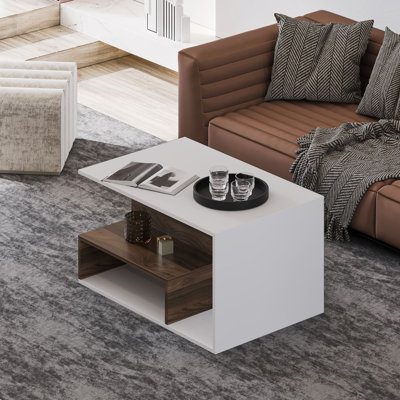 Elegant Coffee Table with Storage, White & Walnut, 35.4 x 19.1 x 23.6 Inches | 100% Melamine Coated Particle Board, Thickness: 0.7 Inches | Stylish Design for Living Room, Durable & Functional Furniture