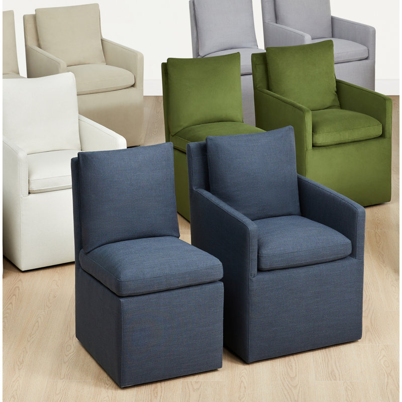 Alayaa Upholstered Side Chair with Casters, Effie Indigo Performance Linen