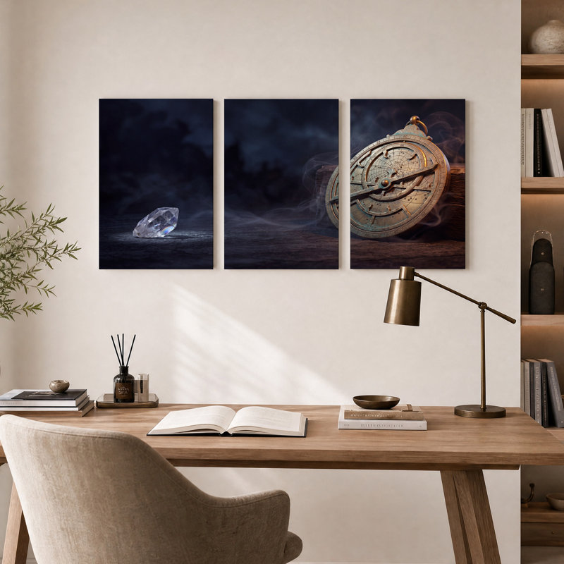 Ensemble de 3 tableaux sur toile représentant un astrolabe en bronze et un cristal clair sur fond de bois foncé