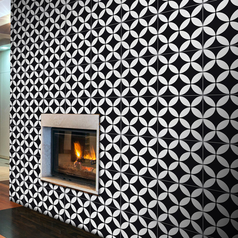 Amlo 8" x 8" Cement Patterned Wall & Floor Tile, White/Black
