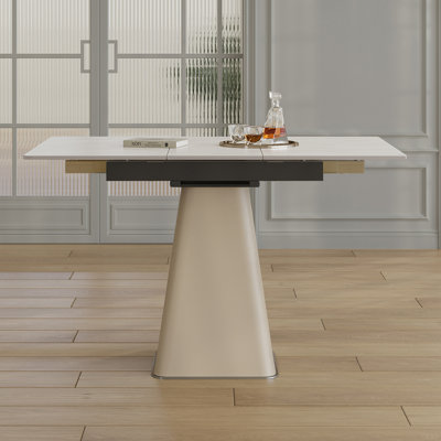 Table de salle à manger rétractable à dalle de roche pliante, table carrée extensible moderne avec base en acier inoxydable revêtue de cuir, table de cuisine à double usage pour les petits appartements