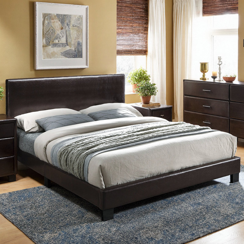 Grand lit tapissier en similicuir avec tête de lit ajustable, Brun