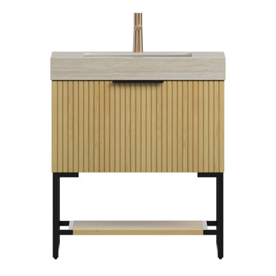Meuble-lavabo 30 po, armoire de rangement autoportante en contreplaqué rayé avec tiroir et tablette ouverte, plateau en pierre frittée gris clair et lavabo en céramique encastré, pré-assemblé, couleur grain de bois de chêne Corolla