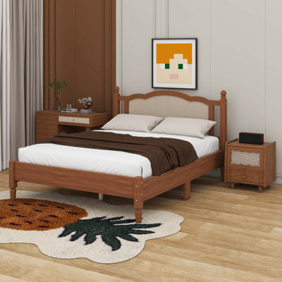 Ensemble de chambre à coucher 3 pièces avec cadre de lit en bois, 1 table de chevet rétro et 1 coiffeuse de maquillage avec tabouret