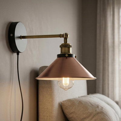 Industrial Plug in Wall Light with Adjustable Head, Metal Cone Shade E26 Wall Lamp with On Off Switch for Bedroom Bedside Living Room Kitchen