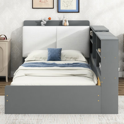 Twin Size Platform Bed With Grey Headboard Storage, Shelves, 2 Drawers For Efficiency Wood Drawers, Tenacity