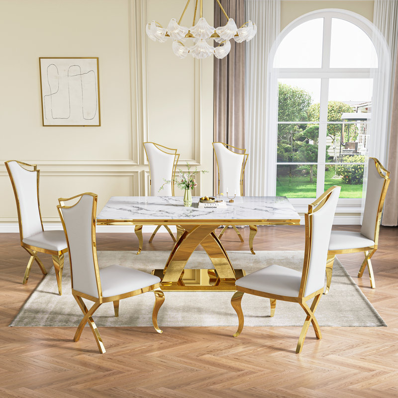 70.08" Rectangular Faux Marble Top Pedestal Dining Set, Gold, 7 Pieces: Table, 6 Chairs