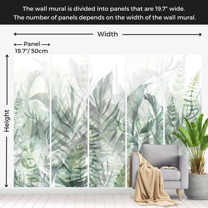 Papier peint botanique - vert bosquet magique, L 124 po x l 177 po