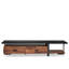 Meuble télé de style minimaliste en noyer et noir avec tiroirs cachés pour téléviseurs à écran plat de 55 po