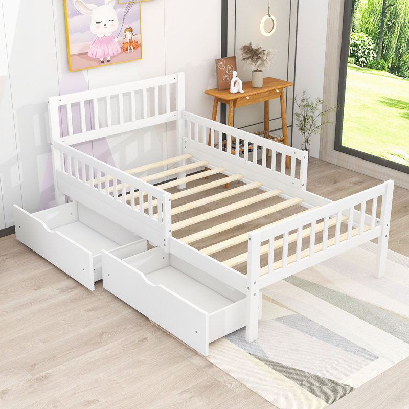 Lit plateforme en bois avec deux tiroirs de rangement et tête de lit Aytan, Simple, Blanc