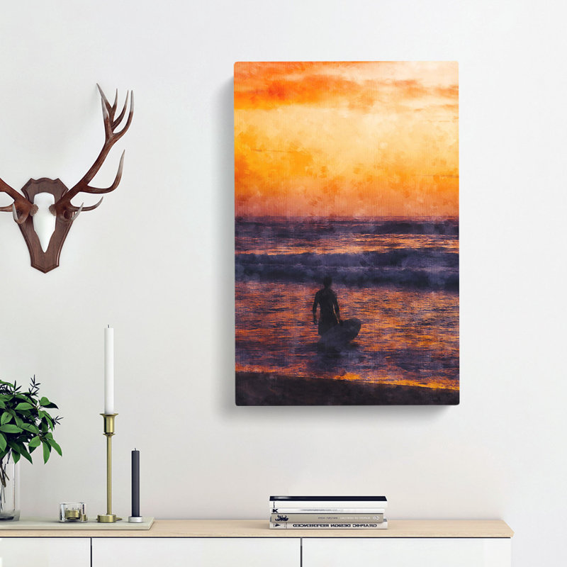 Surfer At Sunset - Wrapped Canvas Painting, 76cm H x 45cm W x 4cm D