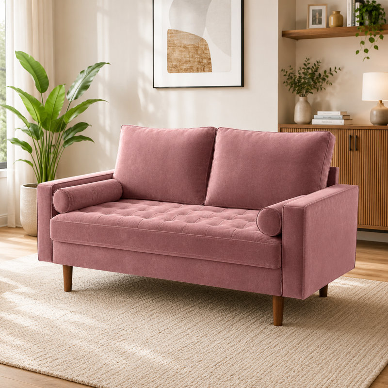 Causeuse à accoudoirs carrés en velours 57,8 po Geniece, Rose