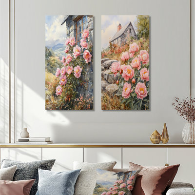 Pivoines près de la maison de campagne I - décoration murale botanique 2 panneaux rose - imprimé sur métal