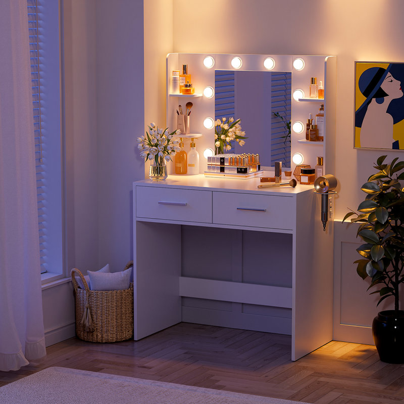 Coiffeuse de maquillage, lumières réglables, prise de courant et miroir, Blanc, Non
