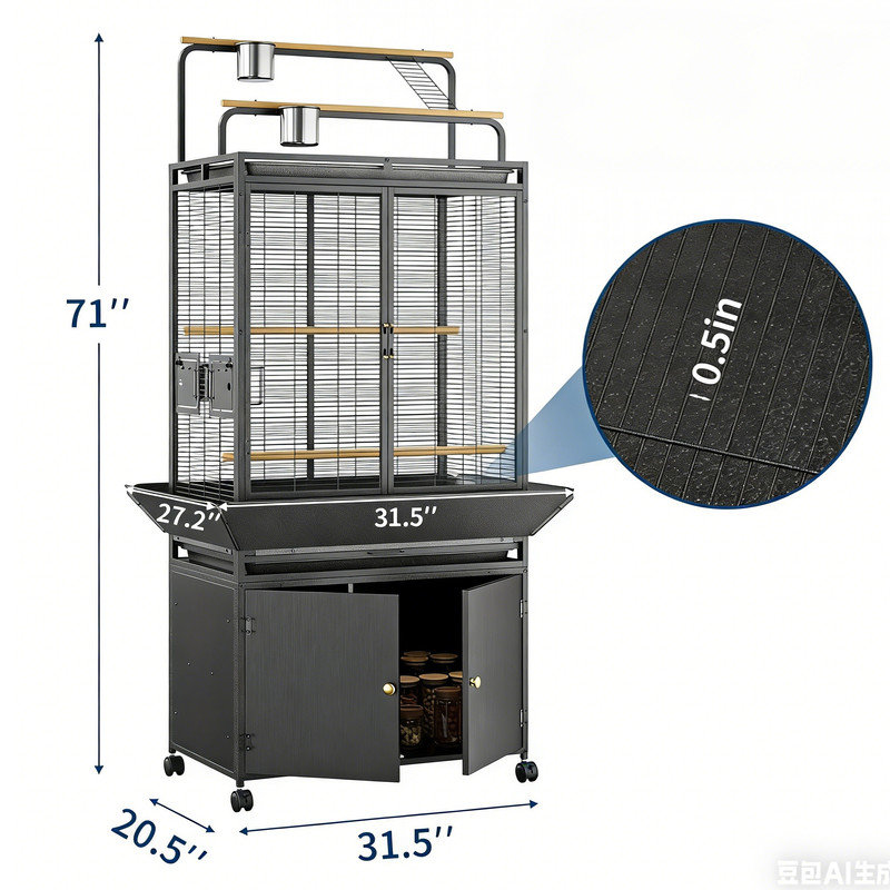 71" H Rolling Bird Cage,Large Rolling Birdcage with Top Stand & Storage Cabinet,Black Walnut Wood Parakeet Cage for Macaw Parrot Cockatiel Budgie