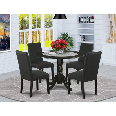 5 Piece Modern Dining Table Set Includes a Round Wooden Table with Dropleaf and 4 Black Color Linen Fabric Upholstered Chairs, Black