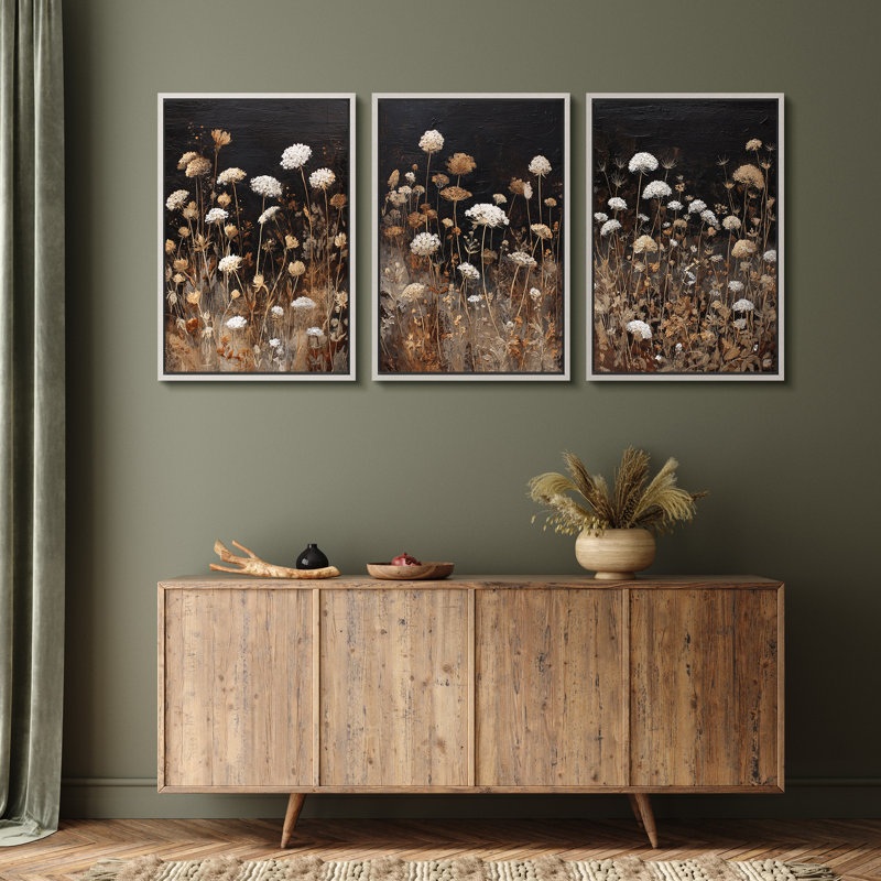 Neutre botanique prairie avec fleurs sauvages blanches et brunes - impression sur toile encadrée 3 pièces, Cadre blanc