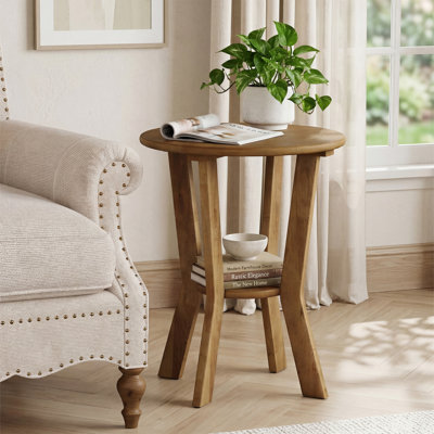Round Solid Wood Side Table With Lower Shelf