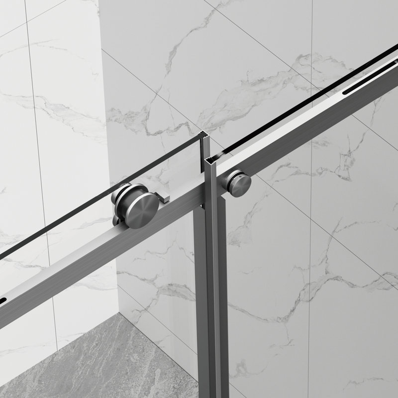 Porte de douche coulissante sans cadre l 56 à 60 po x H 72 po, porte de douche en verre imperméable avec système de fermeture en douceur supérieure, verre trempé de 5/16 po (8 mm), couche facile à nettoyer double face, nickel brossé