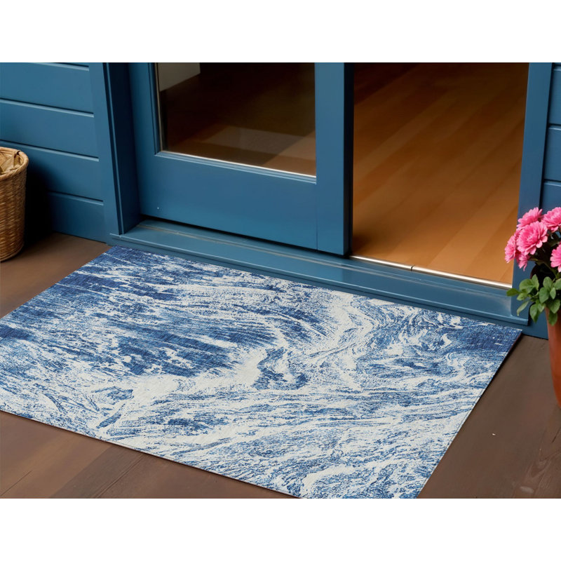 3' X 5' Navy Blue And Ivory Abstract Washable Indoor Outdoor Area Rug