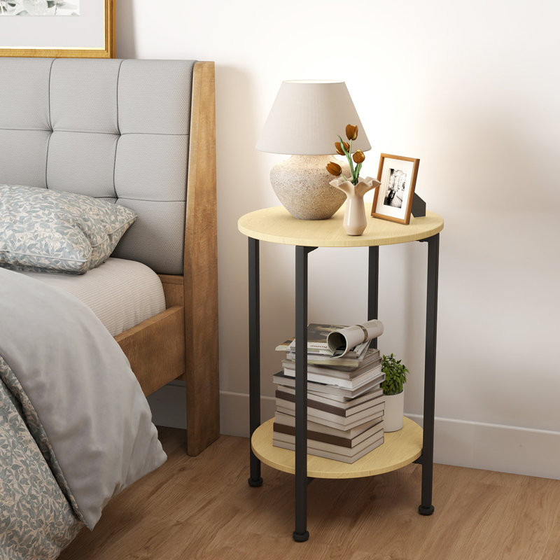 Round Side Table 25.2" Height, 2-Tier Storage End Table with Sturdy Frame, Easy to Assemble for Living Room Bedroom, Natural Oak