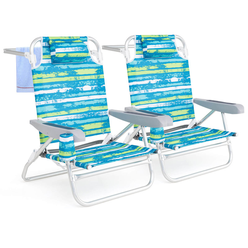 2 Pack Folding Beach Chair Lightweight Lay Flat Lounge Chair with Head Pillow, Green/Blue