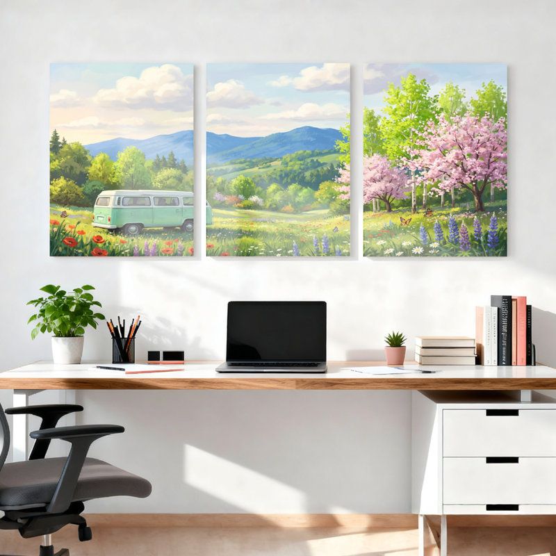 Ensemble de 3 tableaux sur toile représentant un paysage printanier avec une camionnette vintage et des fleurs de cerisier.