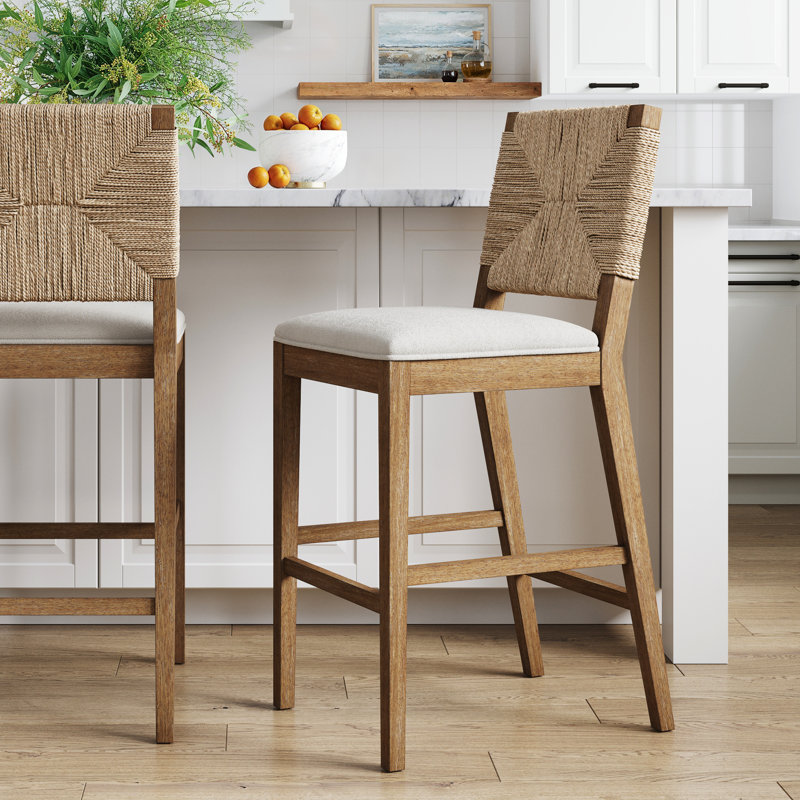 Beacon 29" Light Brown Rubberwood Bar Stool with Cream Boucle Seat