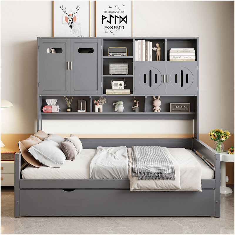 Lit de jour simple en bois avec lit gigogne simple, armoire et tablette tout-en-un, blanc, Lit simple, Blanc