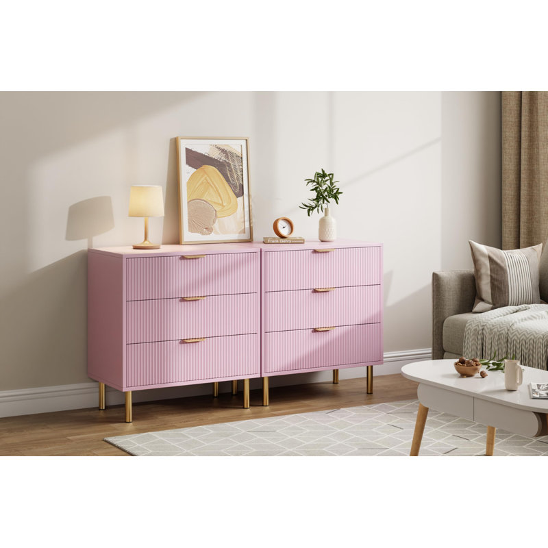 Modern 3 Drawer Dresser for Bedroom, Wood Chest of Drawers with Gold Handles Large Storage Organizer, Pink