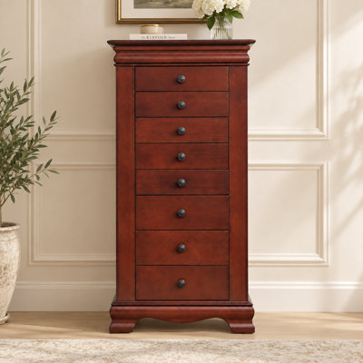 Armoire à bijoux de 38,58 po de hauteur avec 8 tiroirs, finition brune rétro, armoire de rangement pour bagues, colliers et accessoires
