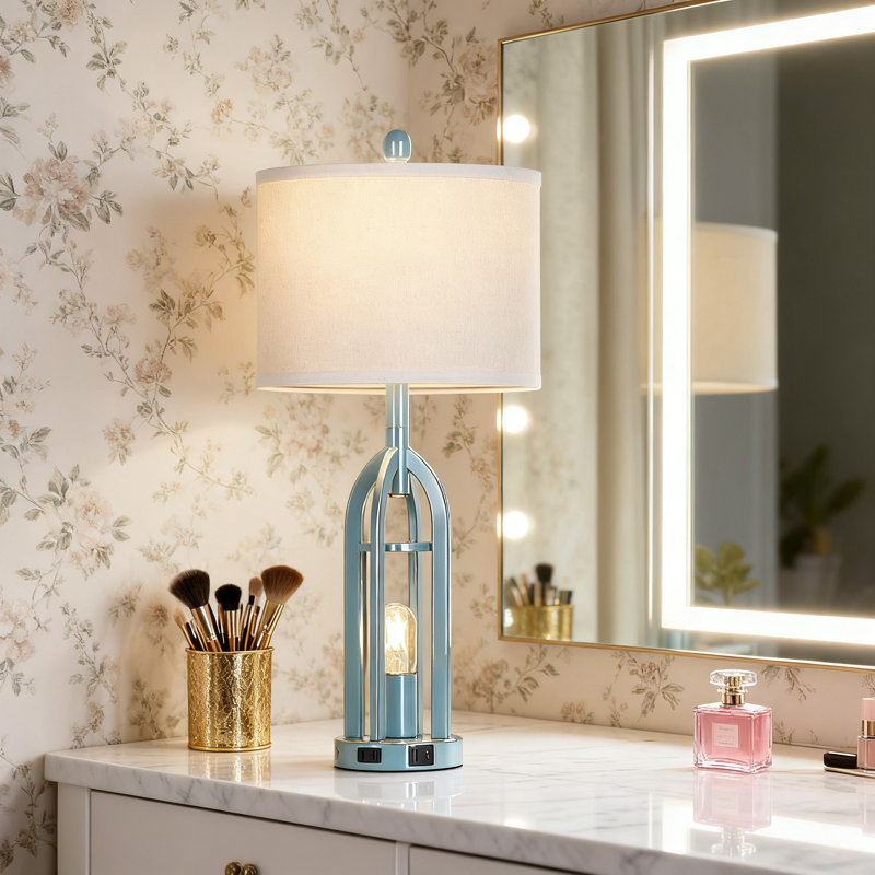 Lampe de table de ferme industrielle de 27 po avec ports de charge USB A + C, prise de courant alternatif, commande tactile à intensité variable et veilleuse à DEL pour chambre à coucher, salon, table de chevet