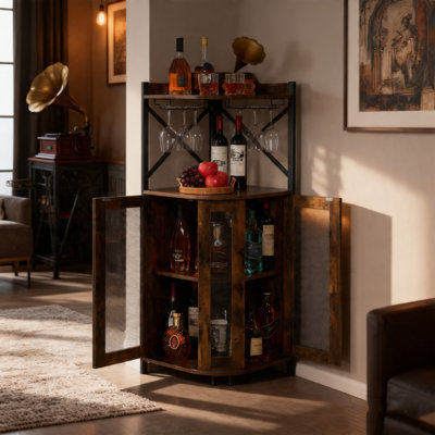  Armoire de bar d'angle Jksmart, armoire à vin de style industriel avec support en verre, armoire à vin à quatre niveaux avec portes et tablettes, armoire de bar de style rustique idéale pour ranger les spiritueux, le vin et le café, brun rétro