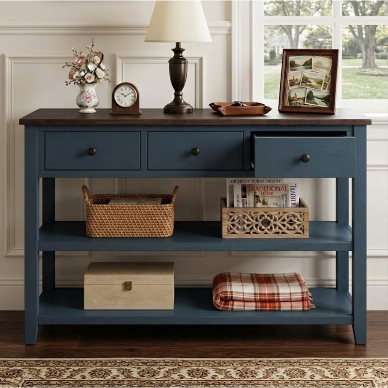 Buffet de style rétro Brysun de 50,01 po avec tiroirs et tablettes, pieds en bois pour le salon et l'entrée, Bleu marine